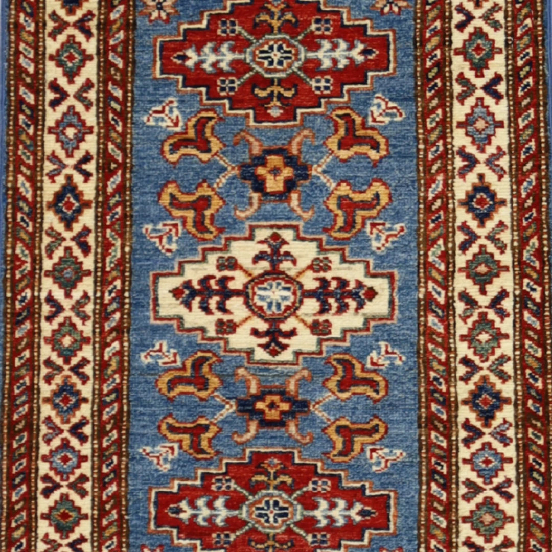 2'1" x 3'1" BLUE AND IVORY KAZAK GEOMETRIC PAKISTANI RUG