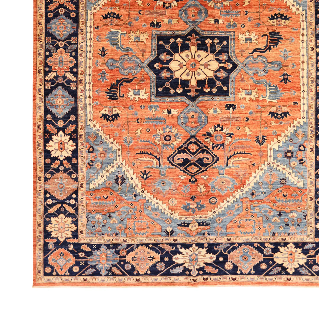 9'10" x  13'5" RUST AND NAVY KAZAK GEOMETRIC PAKISTANI RUG