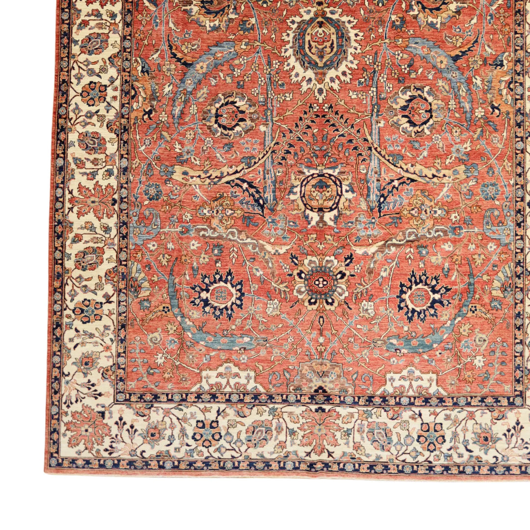 9'9" x  13'6" RED AND IVORY KAZAK GEOMETRIC PAKISTANI RUG