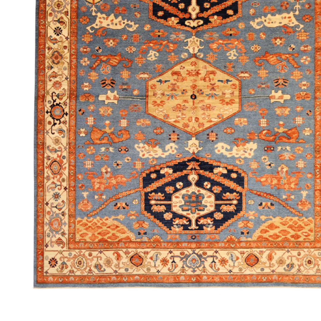 8' 3" x 9' 8" - BLUE AND IVORY KAZAK GEOMETRIC PAKISTANI RUG