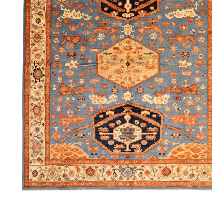8' 3" x 9' 8" - BLUE AND IVORY KAZAK GEOMETRIC PAKISTANI RUG