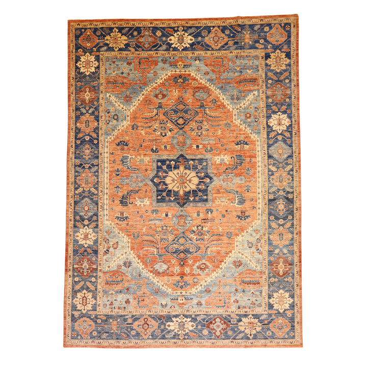 9'10" x  13'11" RUST AND NAVY KAZAK GEOMETRIC PAKISTANI RUG