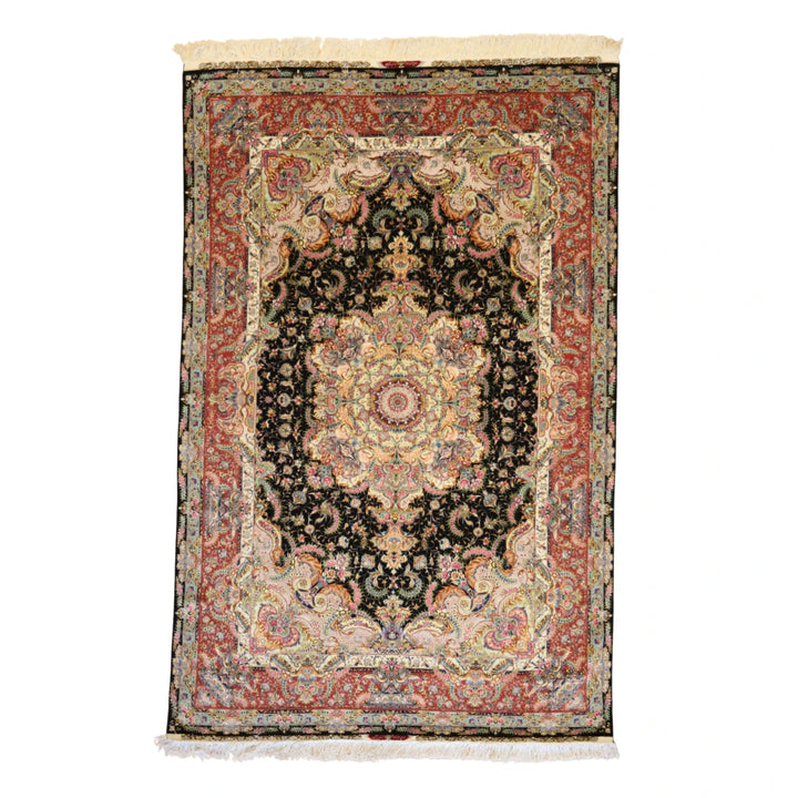 6'6" x 10'0" BLACK AND ROSE TABRIZ FLORAL PERSIAN RUG