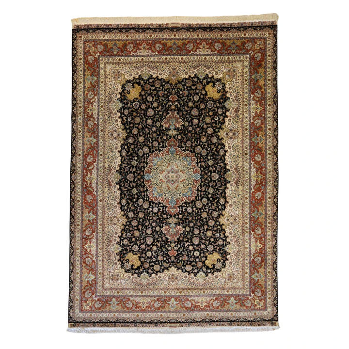 8'2" x 12'0" BLACK AND RUST TABRIZ FLORAL PERSIAN RUG
