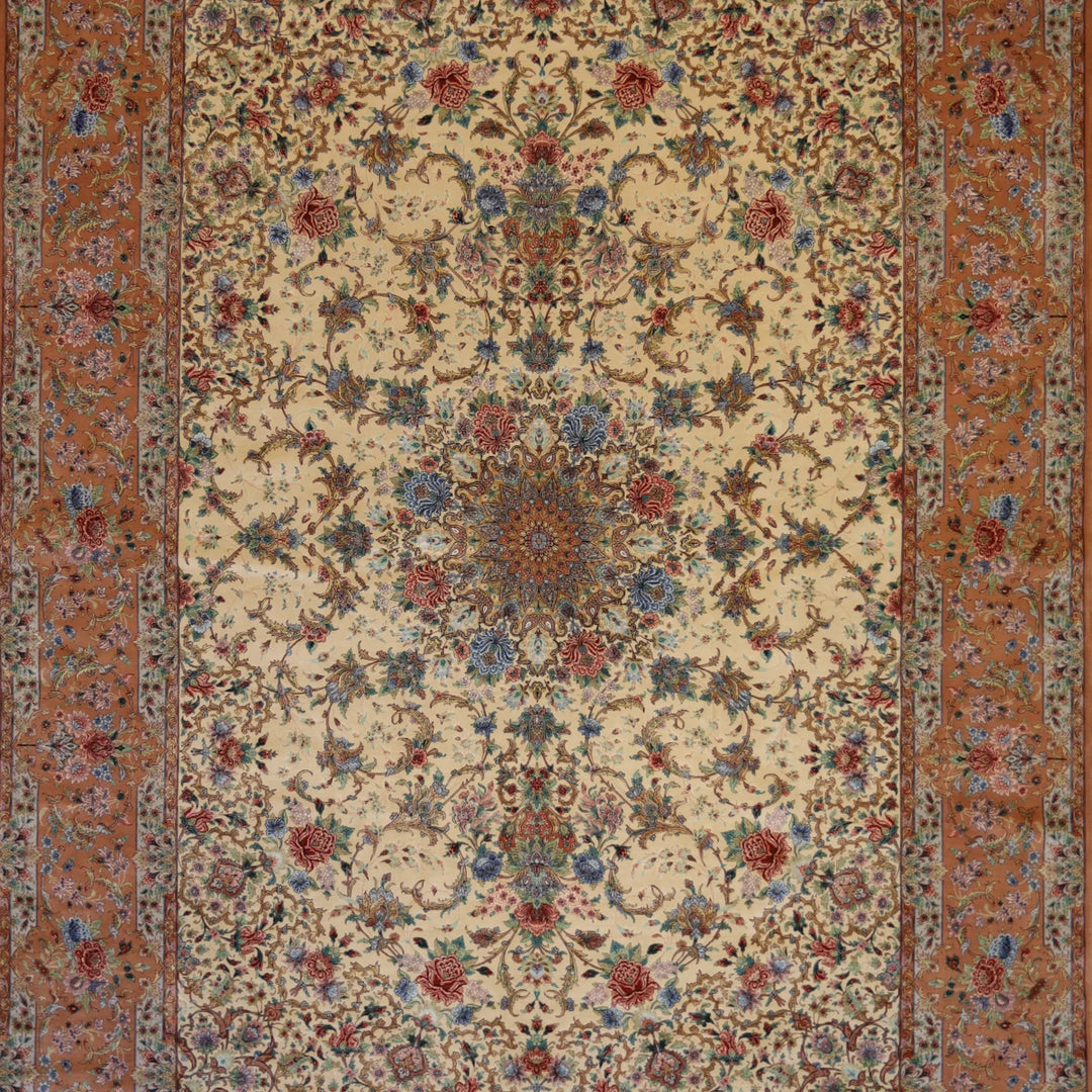 8'1" x 11'6" BEIGE AND PINK ISFAHAN FLORAL PERSIAN RUG