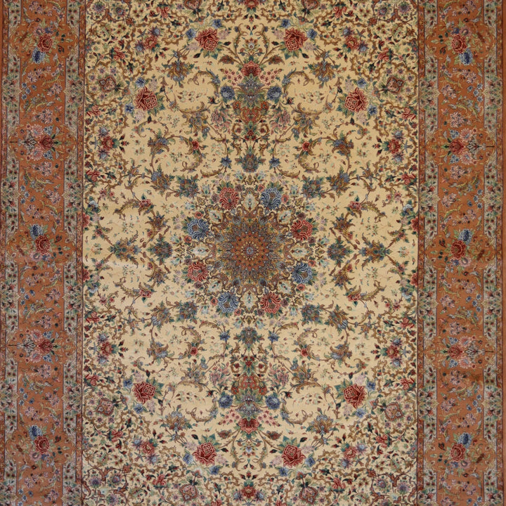 8'1" x 11'6" BEIGE AND PINK ISFAHAN FLORAL PERSIAN RUG