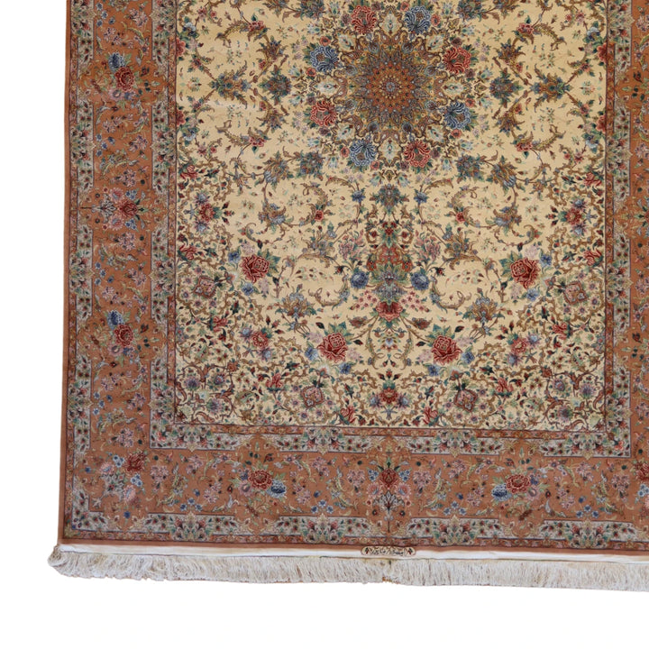 8'1" x 11'6" BEIGE AND PINK ISFAHAN FLORAL PERSIAN RUG