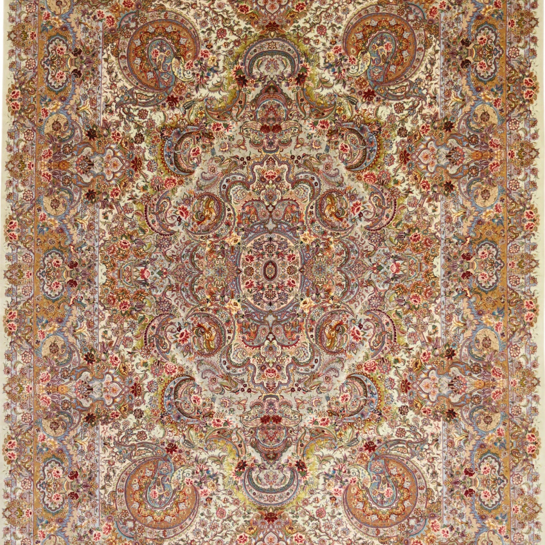 8'1" x 11'11" GREEN AND GOLD TABRIZ FLORAL PERSIAN RUG