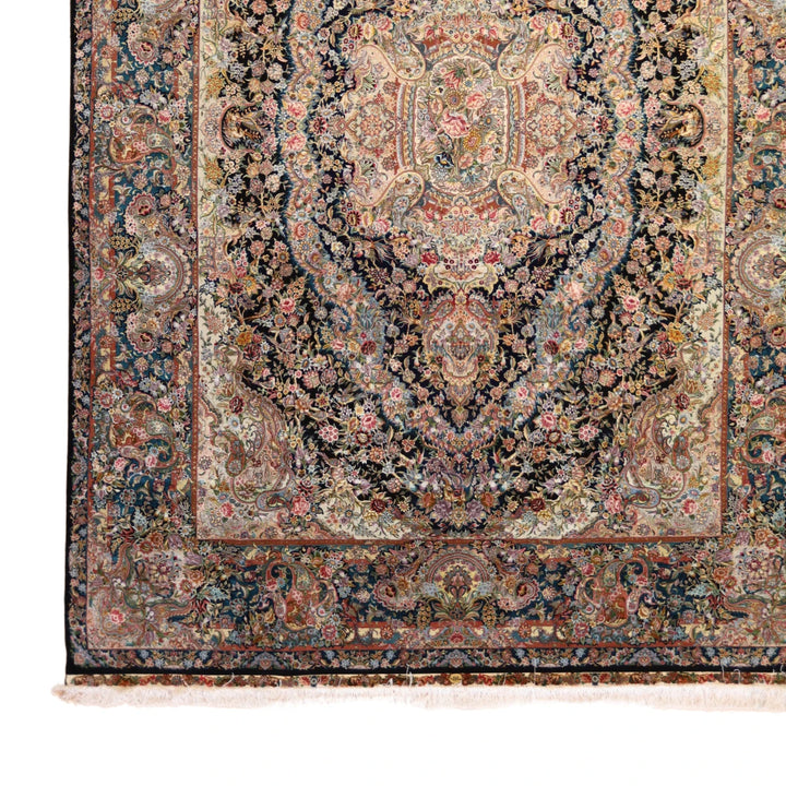 9'8" x 13'9" BLACK AND TEAL TABRIZ FLORAL PERSIAN RUG