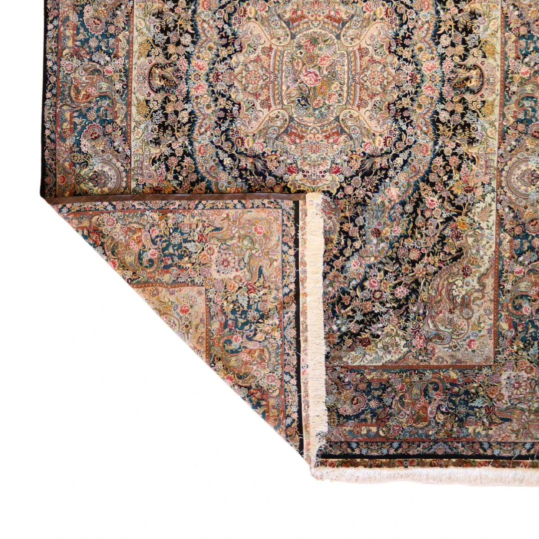 9'8" x 13'9" BLACK AND TEAL TABRIZ FLORAL PERSIAN RUG