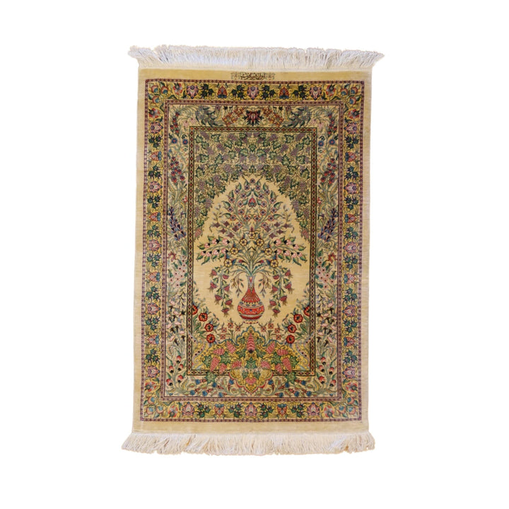 2'7" x 3'11" GOLD AND GOLD QUM FLORAL PERSIAN RUG