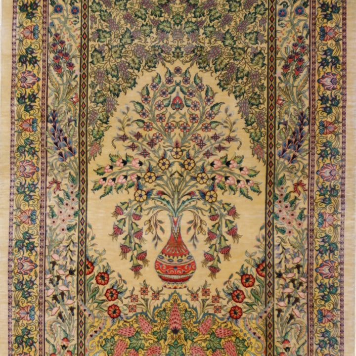 2'7" x 3'11" GOLD AND GOLD QUM FLORAL PERSIAN RUG