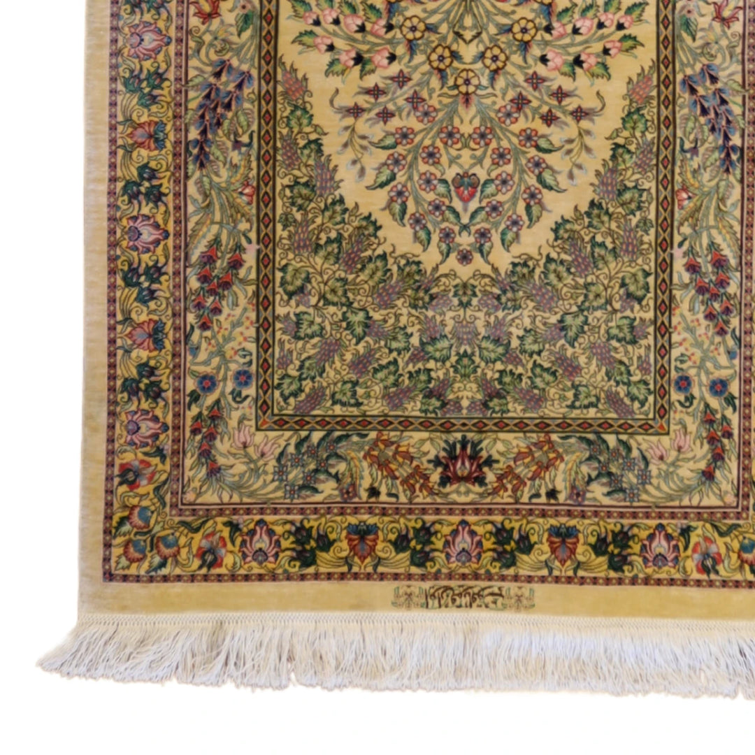 2'7" x 3'11" GOLD AND GOLD QUM FLORAL PERSIAN RUG
