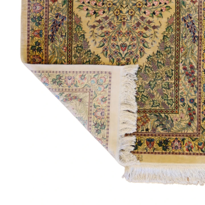 2'7" x 3'11" GOLD AND GOLD QUM FLORAL PERSIAN RUG