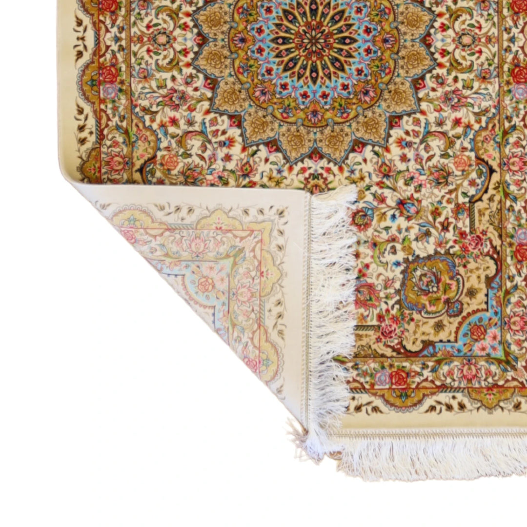 2'7" x 3'11" IVORY AND IVORY QUM FLORAL PERSIAN RUG