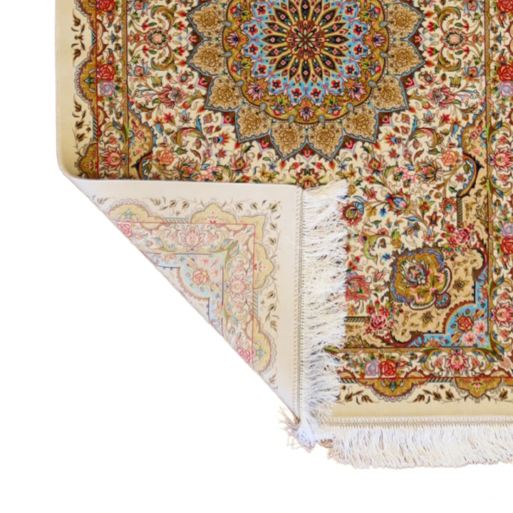 2'7" x 3'11" IVORY AND IVORY QUM FLORAL PERSIAN RUG