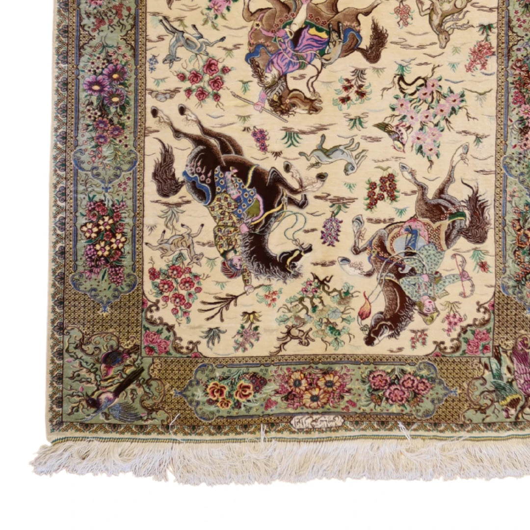3'3" x 4'11" BEIGE AND GREEN QUM FLORAL PERSIAN RUG