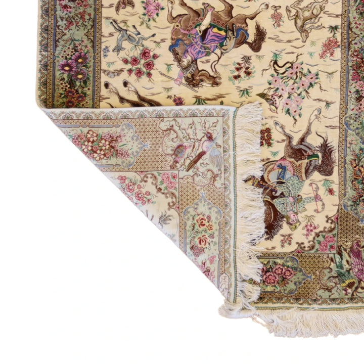 3'3" x 4'11" BEIGE AND GREEN QUM FLORAL PERSIAN RUG
