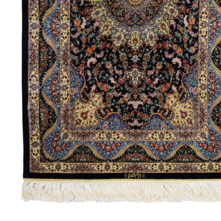 3'4" x 5'0" NAVY AND NAVY QUM FLORAL PERSIAN RUG