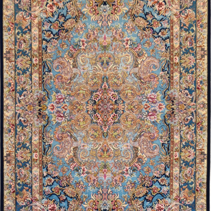 3'4" x 5'4" BLUE AND BLUE QUM FLORAL PERSIAN RUG