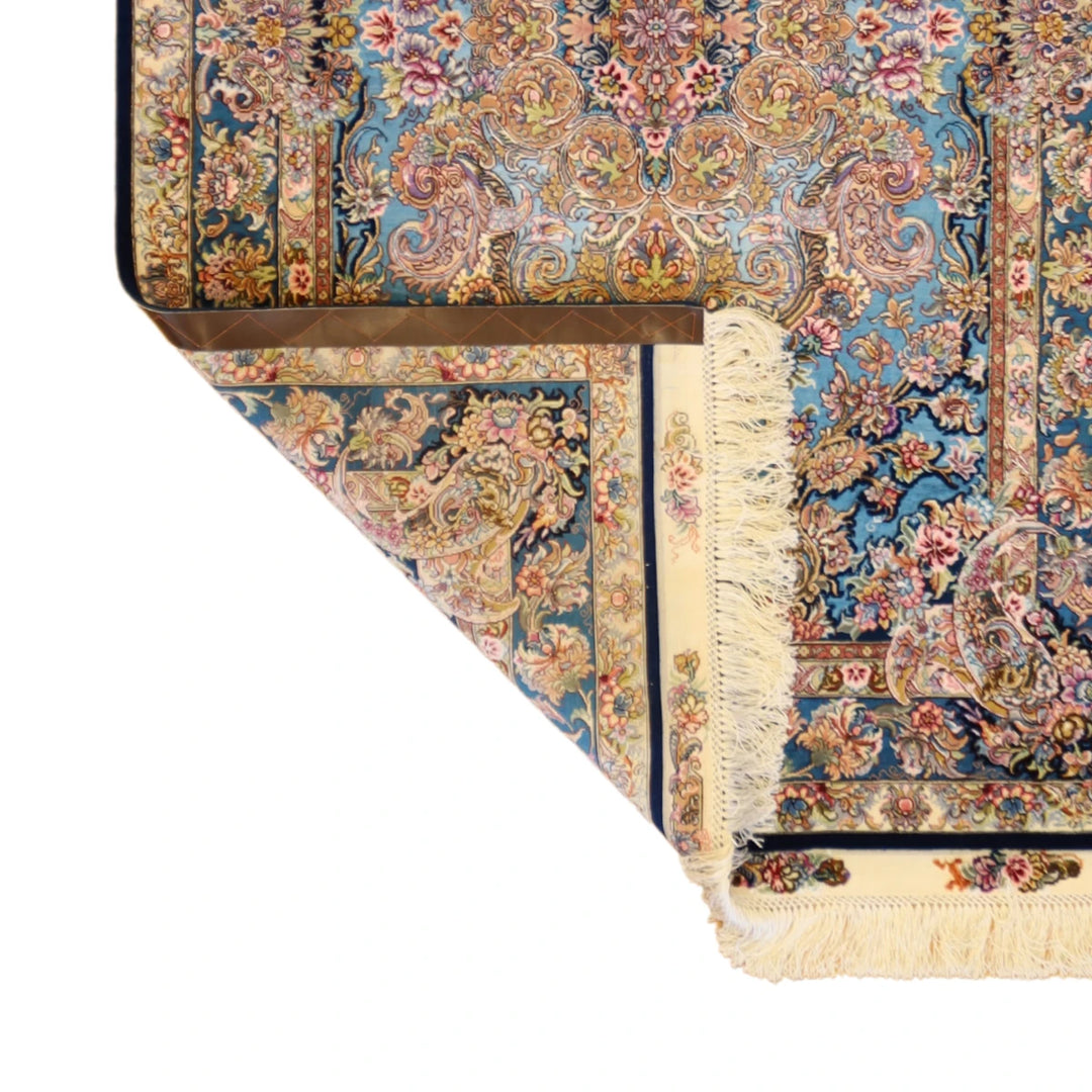 3'4" x 5'4" BLUE AND BLUE QUM FLORAL PERSIAN RUG