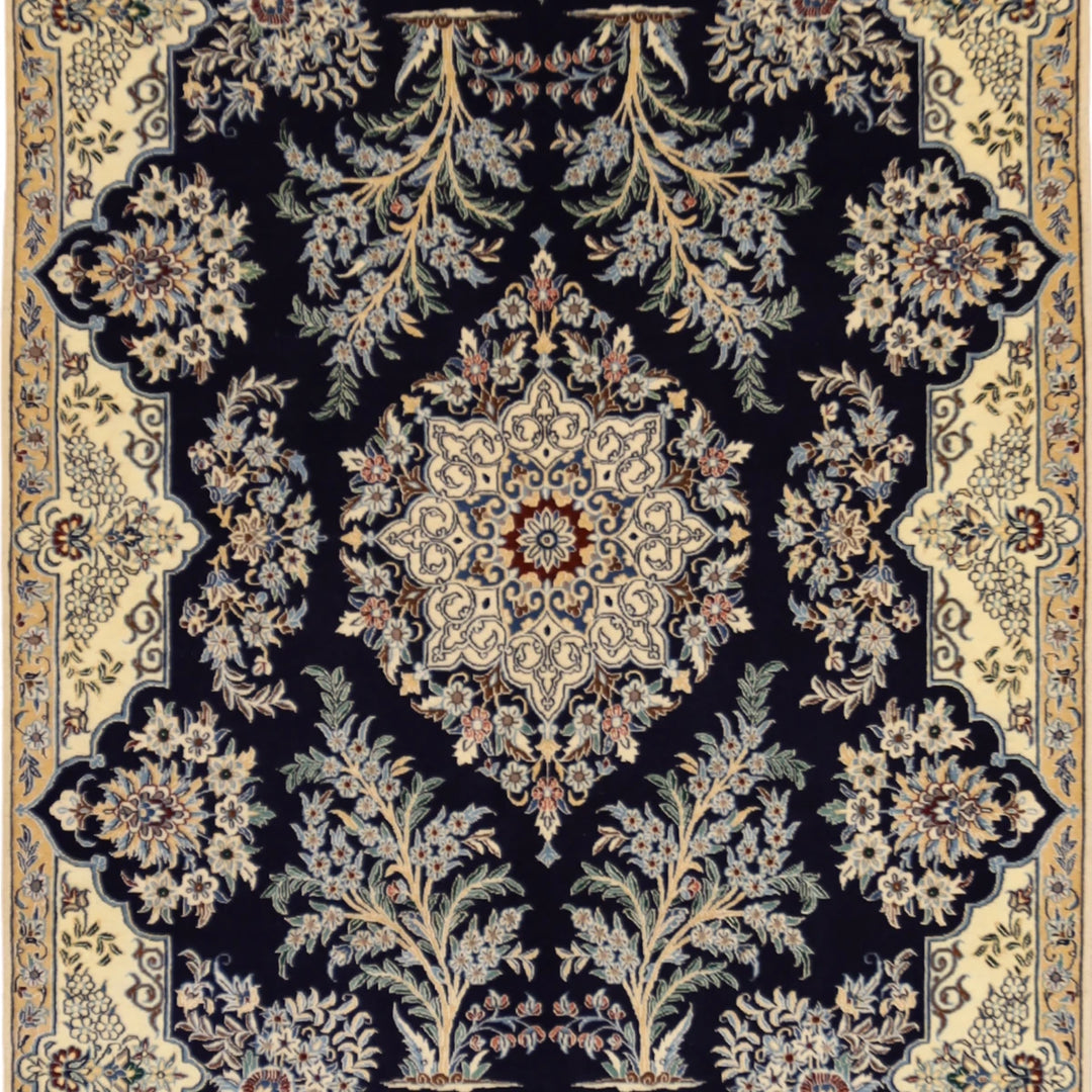 3'4" x 4'10" NAVY AND IVORY NAEIN FLORAL PERSIAN RUG