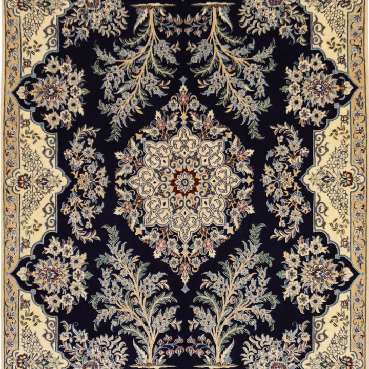 3'4" x 4'10" NAVY AND IVORY NAEIN FLORAL PERSIAN RUG