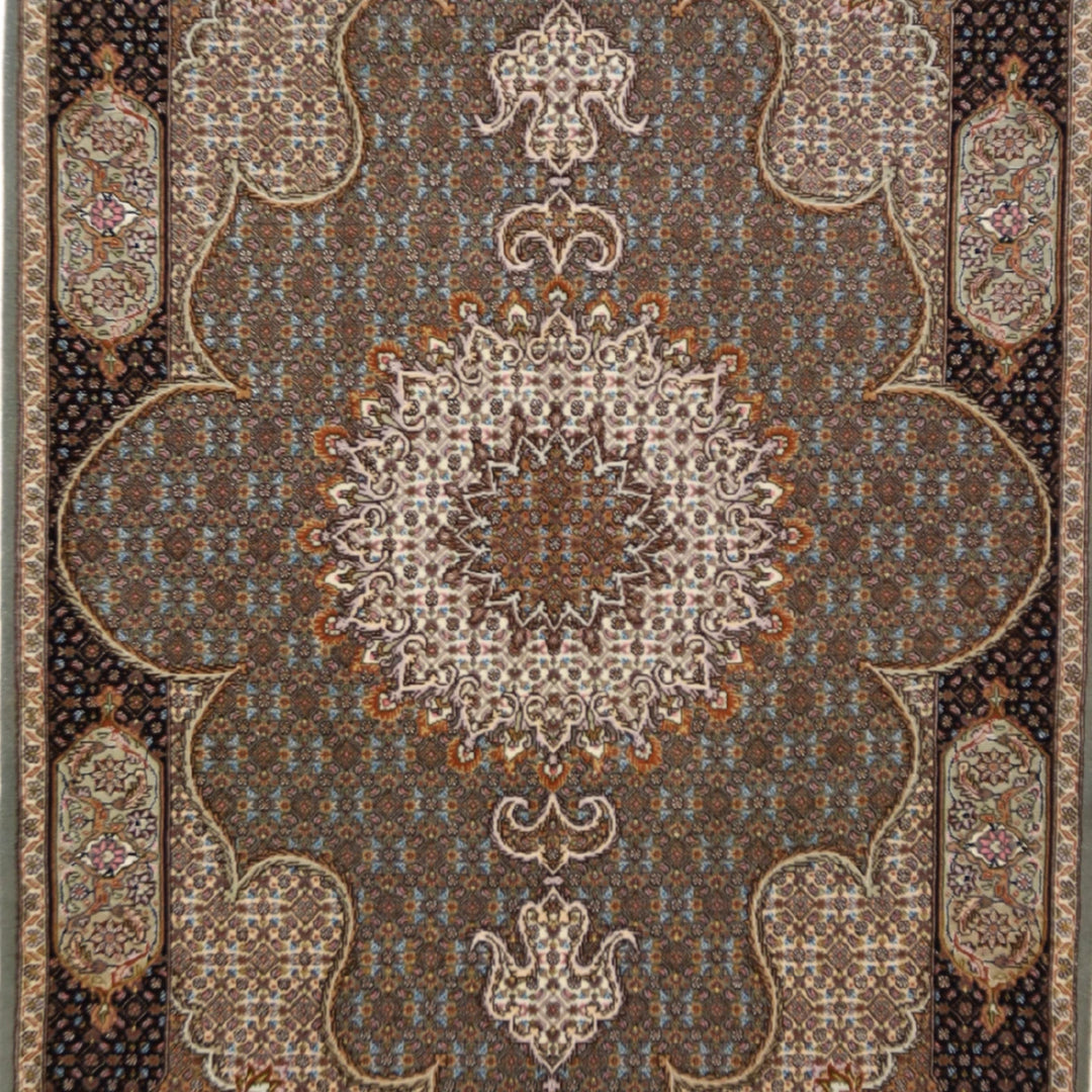 3'5" x 5'1" GREEN AND BLACK TABRIZ GEOMETRIC PERSIAN RUG