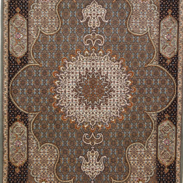 3'5" x 5'1" GREEN AND BLACK TABRIZ GEOMETRIC PERSIAN RUG