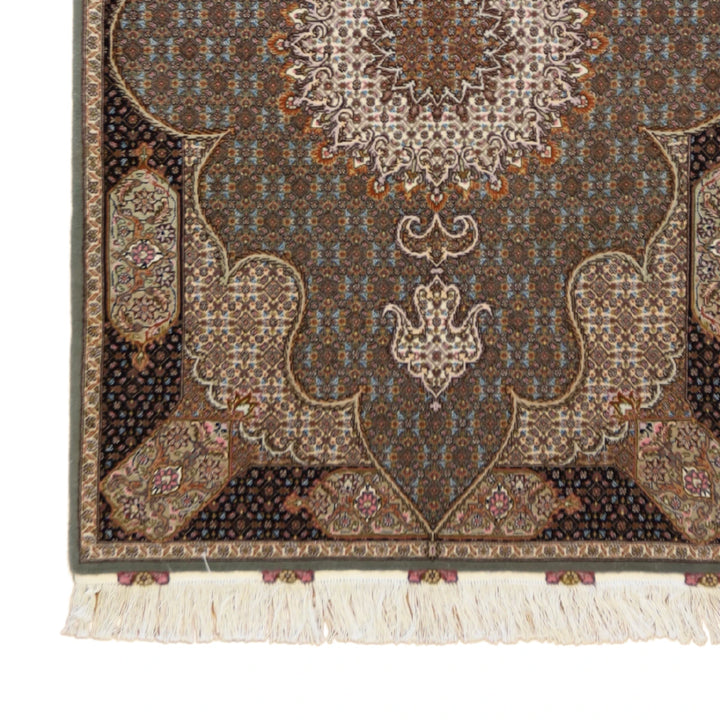3'5" x 5'1" GREEN AND BLACK TABRIZ GEOMETRIC PERSIAN RUG