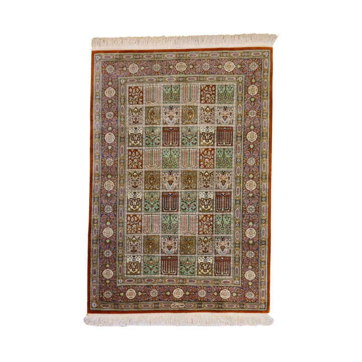 3'4" x 4'10" MULTICOLOR AND BURNTORANGE QUM PANNEL PERSIAN RUG