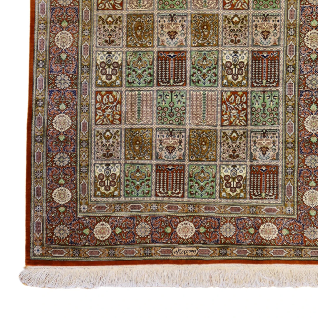 3'4" x 4'10" MULTICOLOR AND BURNTORANGE QUM PANNEL PERSIAN RUG