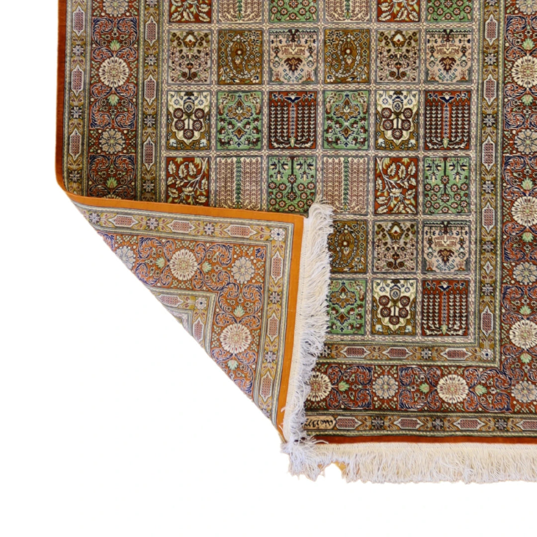 3'4" x 4'10" MULTICOLOR AND BURNTORANGE QUM PANNEL PERSIAN RUG