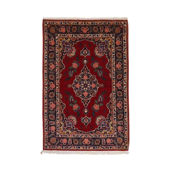 3'7" x 5'5" RED AND NAVY KASHAN FLORAL PERSIAN RUG