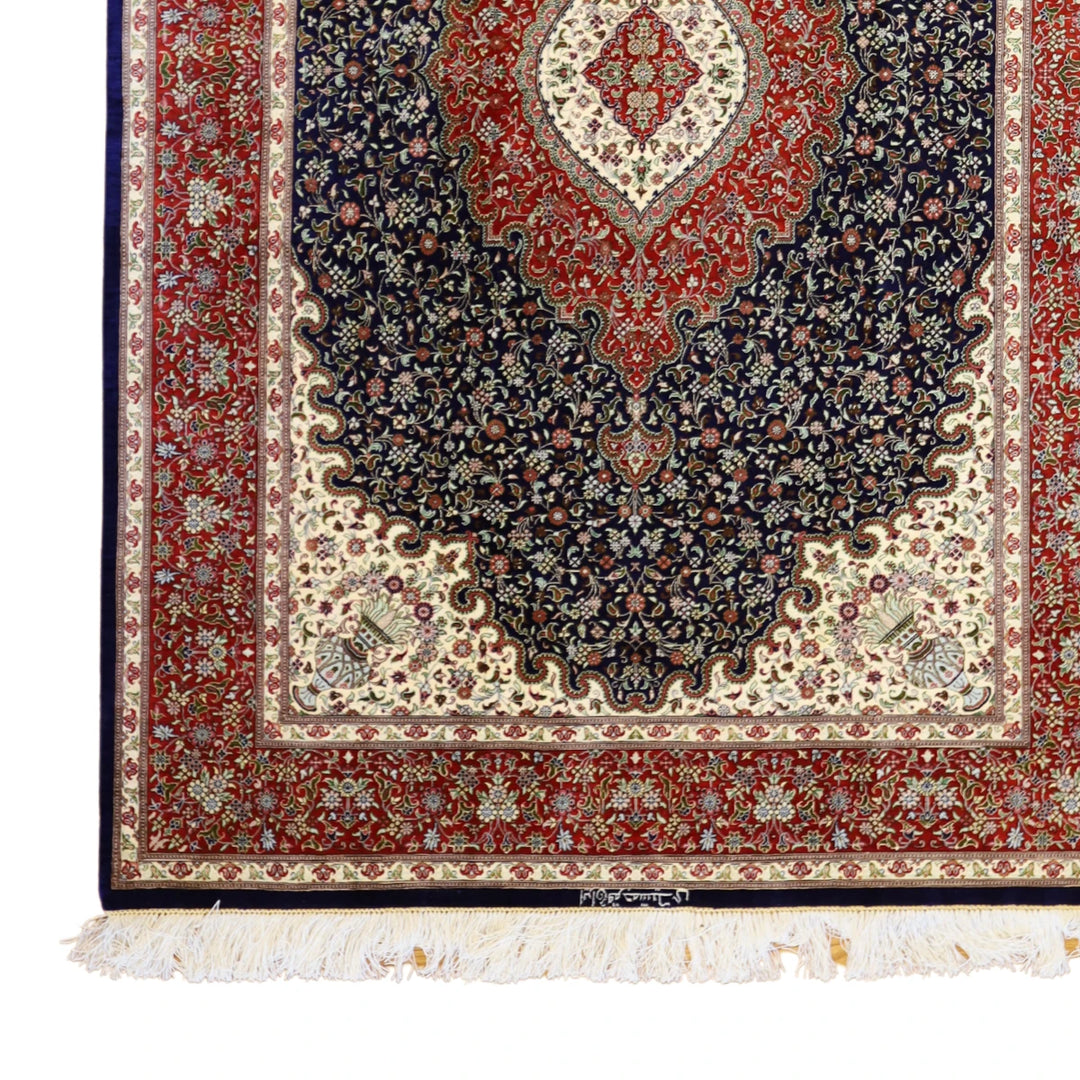 4'3" x 6'6" NAVY AND RED QUM FLORAL PERSIAN RUG