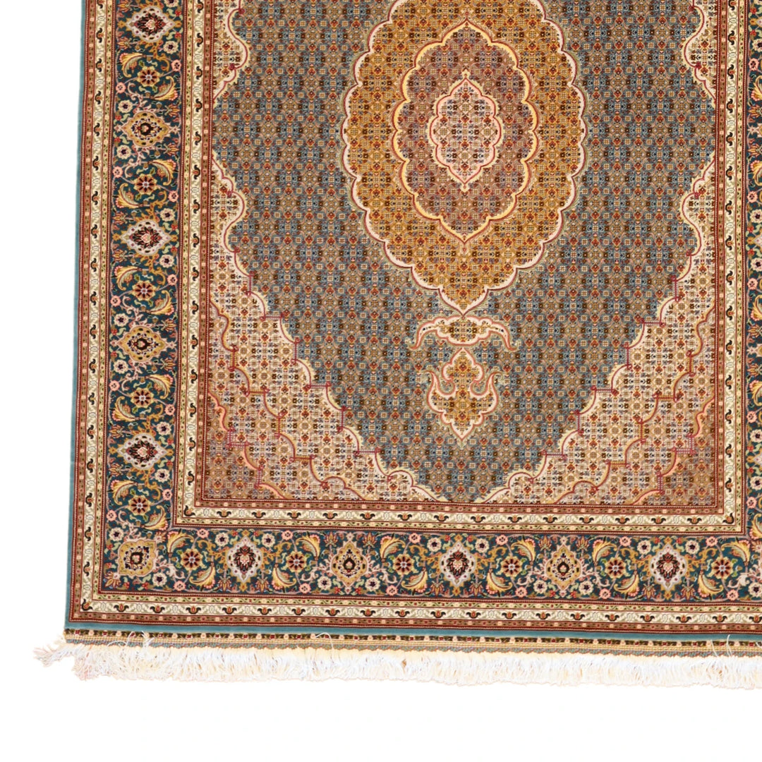 5'0" x 6'9" GREEN AND TEAL TABRIZ GEOMETRIC PERSIAN RUG