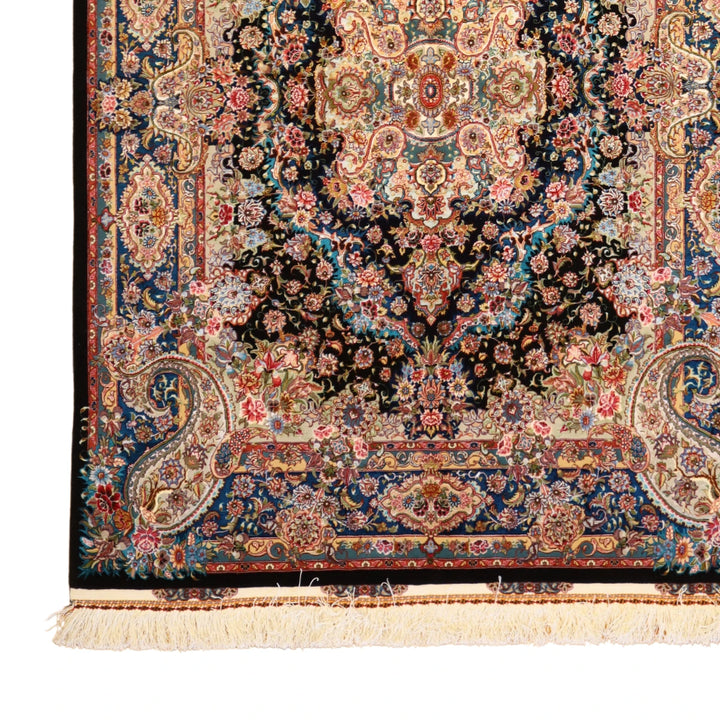 4'11" x 7'0" BLACK AND TEAL TABRIZ FLORAL PERSIAN RUG