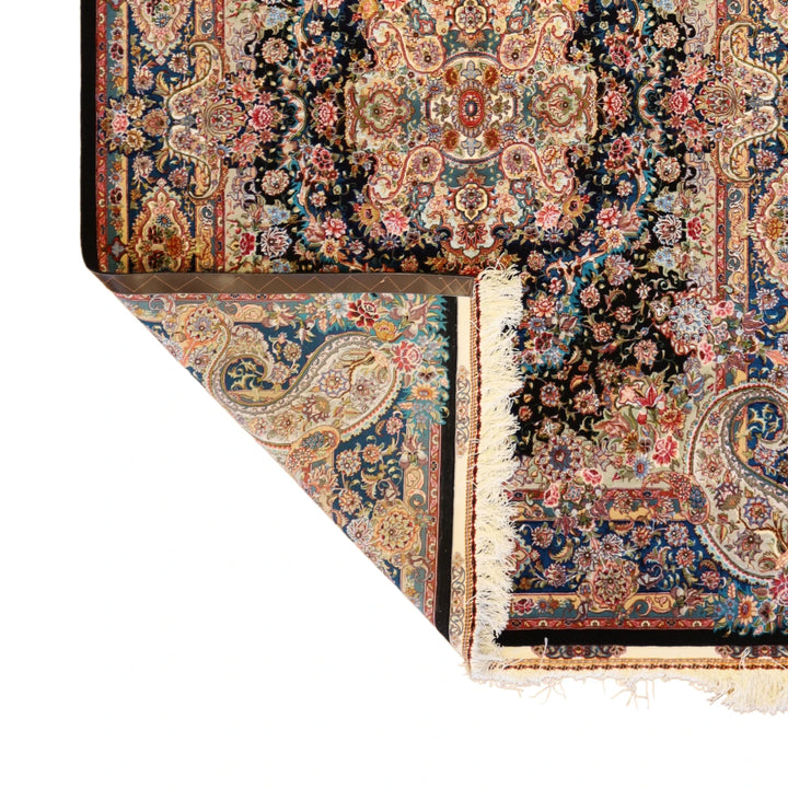 4'11" x 7'0" BLACK AND TEAL TABRIZ FLORAL PERSIAN RUG