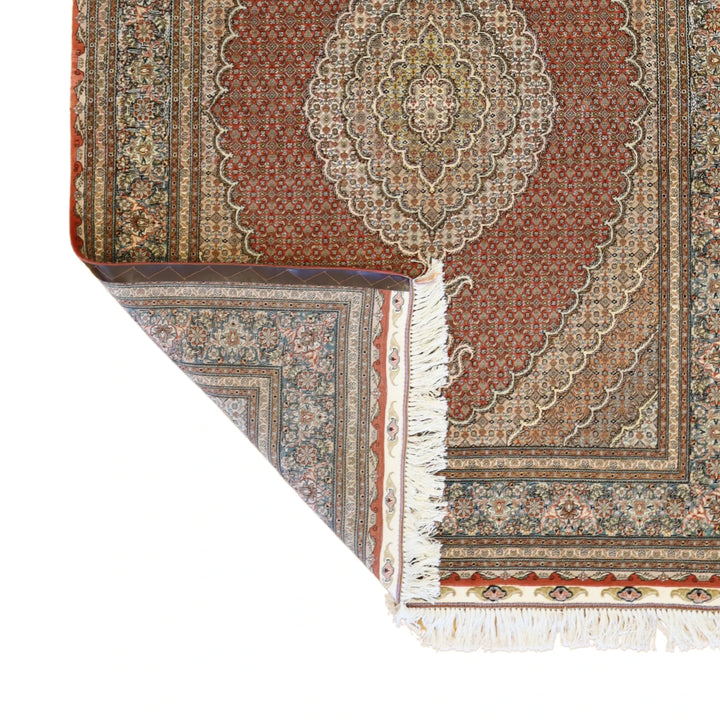 4'10" x 6'10" SALMON AND TEAL TABRIZ GEOMETRIC PERSIAN RUG
