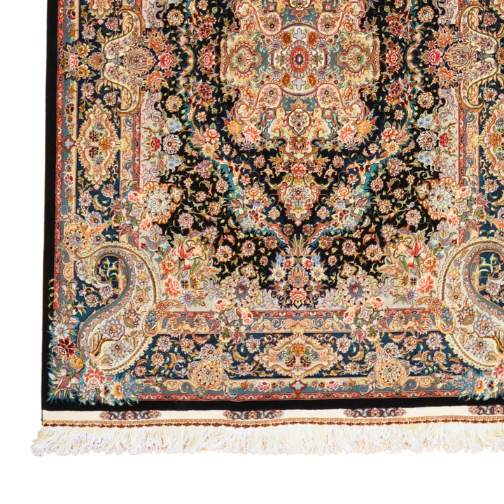 4'11" x 7'7" BLACK AND TEAL TABRIZ FLORAL PERSIAN RUG