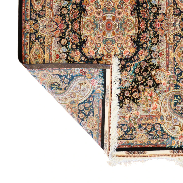 4'11" x 7'7" BLACK AND TEAL TABRIZ FLORAL PERSIAN RUG