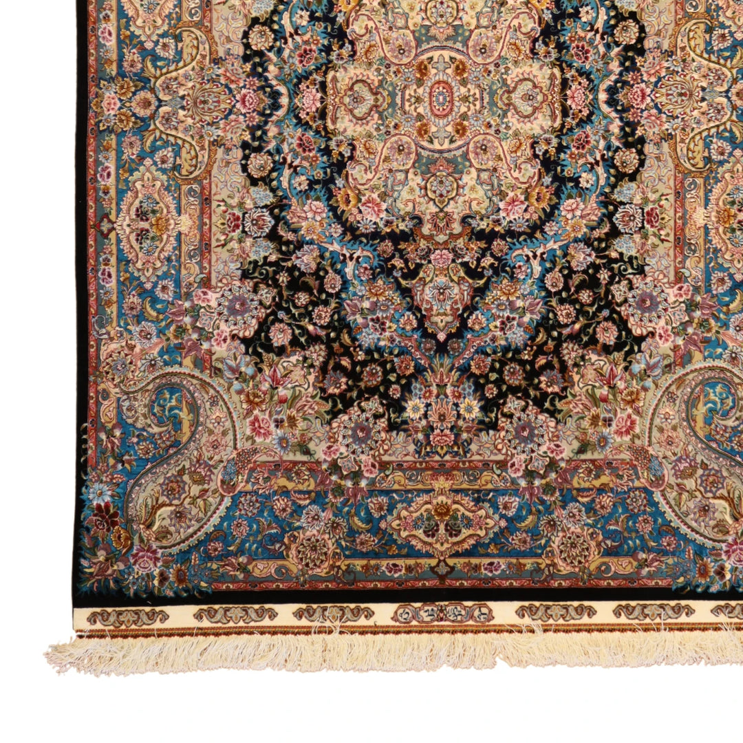 5'0" x 7'0" BLACK AND TEAL TABRIZ FLORAL PERSIAN RUG