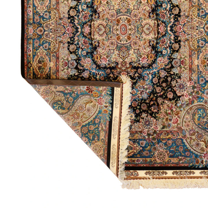 5'0" x 7'0" BLACK AND TEAL TABRIZ FLORAL PERSIAN RUG
