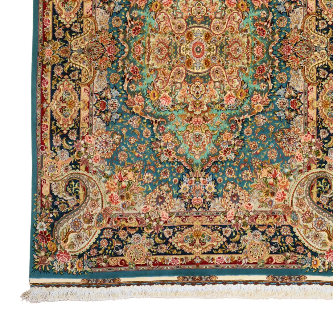4'11" x 6'11" TEAL AND BLUE TABRIZ FLORAL PERSIAN RUG