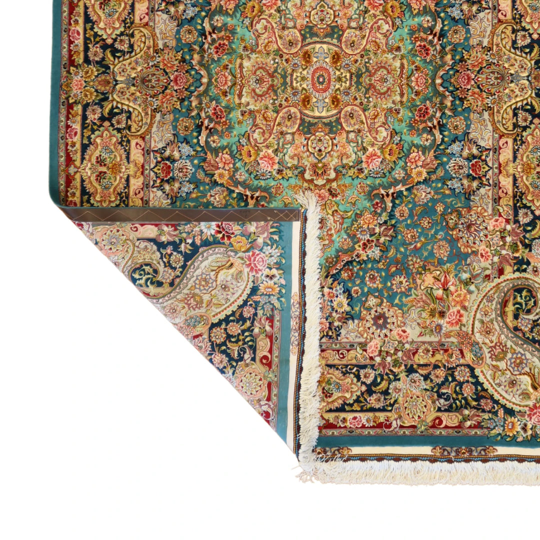 4'11" x 6'11" TEAL AND BLUE TABRIZ FLORAL PERSIAN RUG