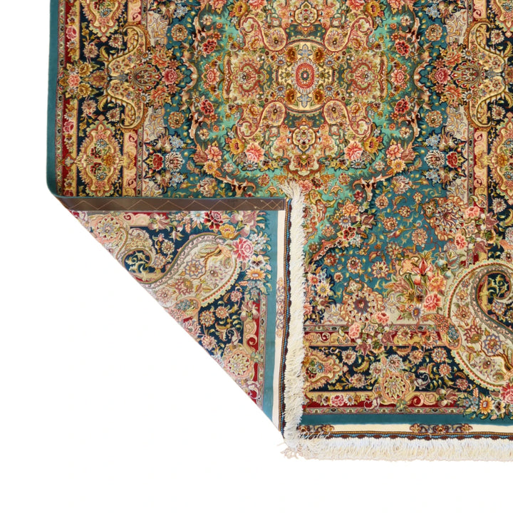 4'11" x 6'11" TEAL AND BLUE TABRIZ FLORAL PERSIAN RUG