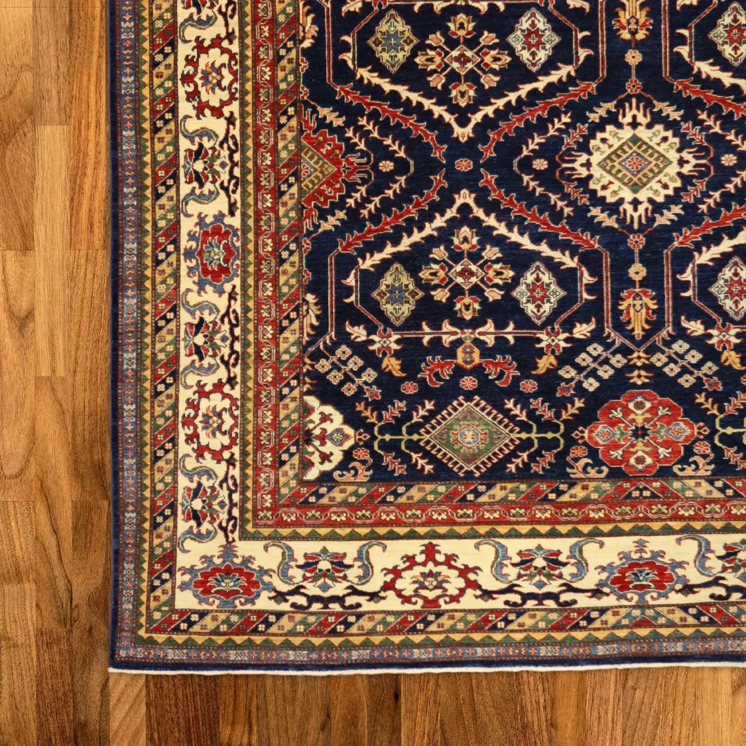 10'0" x 13'7" NAVY AND BEIGE KAZAK GEOMETRIC PAKISTANI RUG