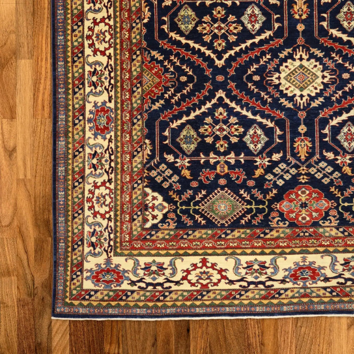 10'0" x 13'7" NAVY AND BEIGE KAZAK GEOMETRIC PAKISTANI RUG