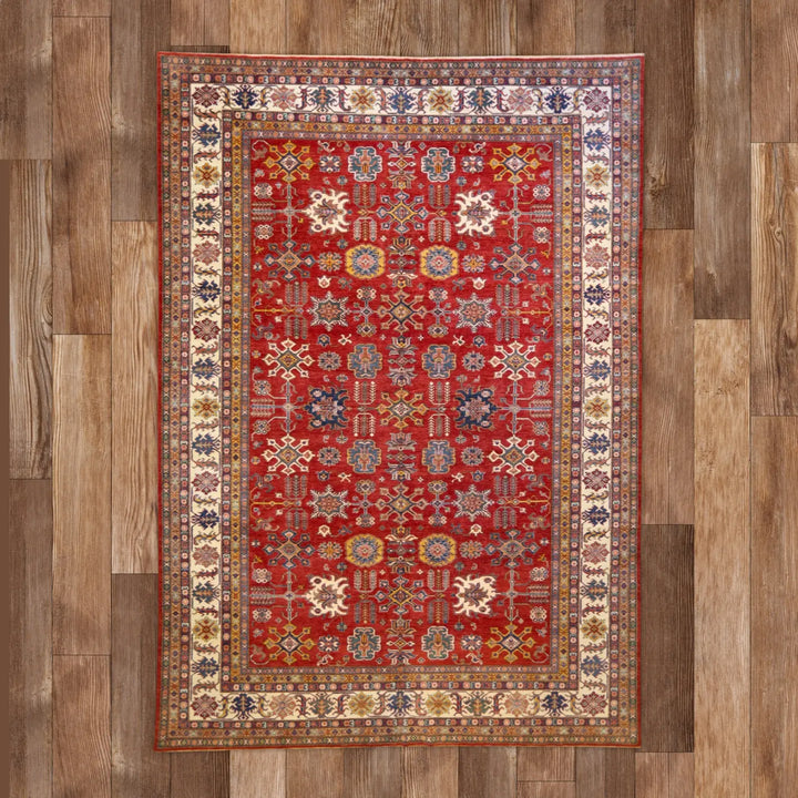 9'11" x 14'1" RED AND IVORY KAZAK PAKISTAN GEOMETRIC