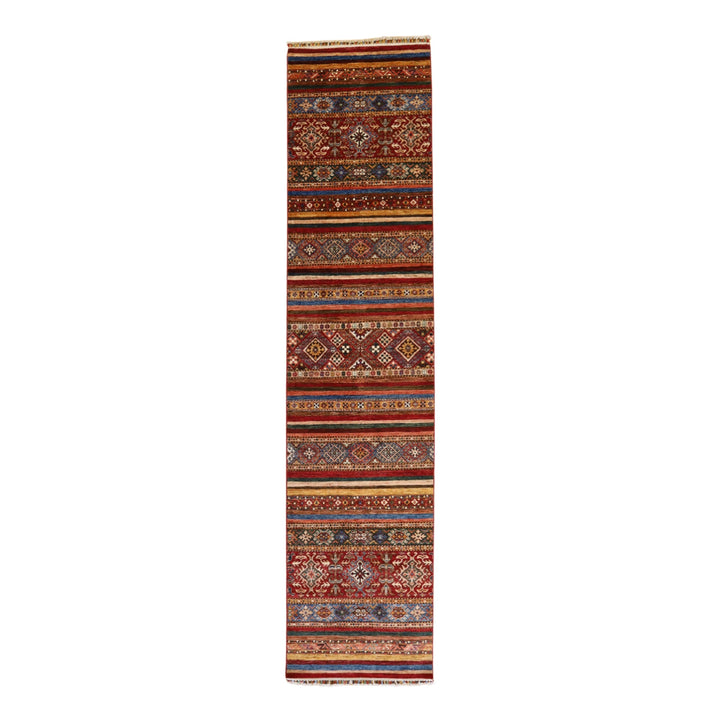 3' 0" x 12' 8" MULTICOLOR AND  KAZAK GEOMETRIC AFGHANI RUG